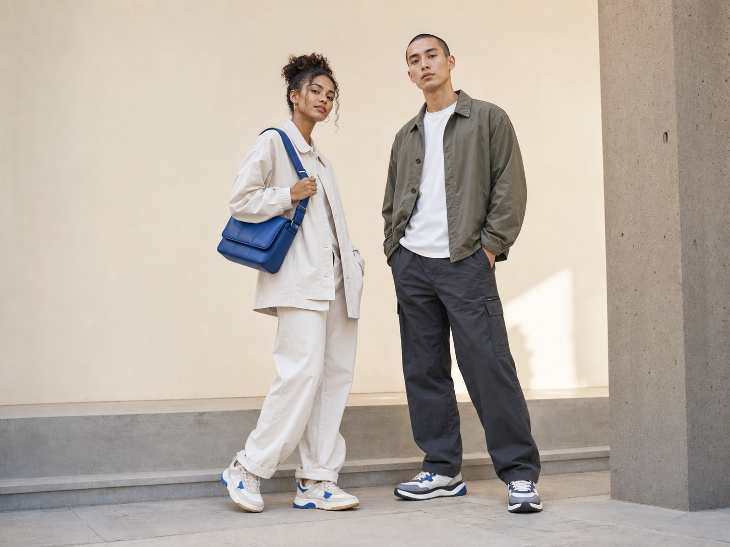 Two people wearing neutral streetwear with sneakers and a blue shoulder bag